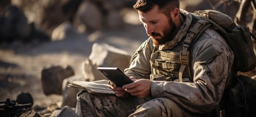 a military man is using a tablet in hot desert - obrazy, fototapety, plakaty