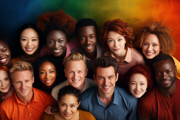 Multiethnic group of happy young people on multicolored background