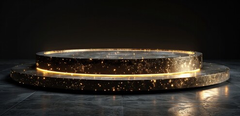 a gold circular stage on a black background