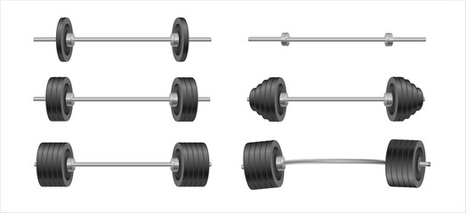 Barbells set of with different weights. Weightlifting equipment. Vector illustration in flat. Vector