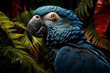 Fototapeta premium A blue parrot sitting in front of plants. Generative AI
