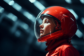 Fototapeta premium A beautiful woman in a red astronaut suit. Generative AI