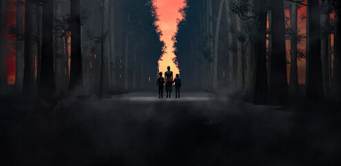 Silhouetted Family Walking Through Misty Forest at Dusk: A Mysterious Journey