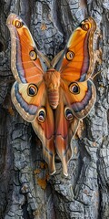 A beautiful polyphemus moth rests peacefully on a tree, displaying its majestic and detailed wings. Polyphemus moth of unique beauty.