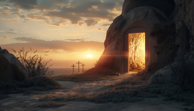 Easter Sunday of Resurrection. Empty tomb of Jesus with the three crosses of Calvary in the distance at sunset