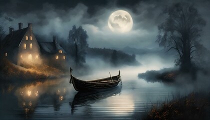  Łódka na rzece otoczonej mgła oświetlona światłem księżyca. Nostalgiczny krajobraz - obrazy, fototapety, plakaty