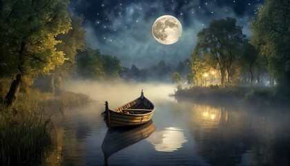  Łódka na rzece otoczonej mgła oświetlona światłem księżyca. Nostalgiczny krajobraz