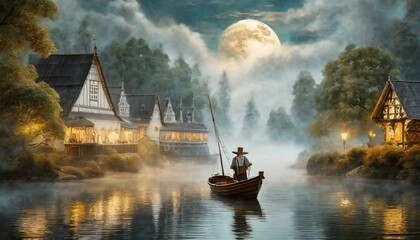 Człowiek płynący łodzią przez zamgloną rzekę w blasku księżyca. Na brzegach rzeki domy....