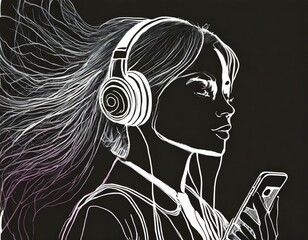 Sylwetka kobiety ze smartfonem i słuchawkami na uszach. Biały rysunek na czarnym tle - obrazy, fototapety, plakaty