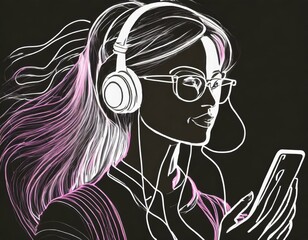 Neonowa sylwetka kobiety ze smartfonem i słuchawkami na uszach. Czarne tło, neonowy rysunek - obrazy, fototapety, plakaty