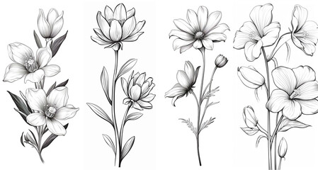 Black and white flowers, sketch, clipart, lineart, ink. Generative ai