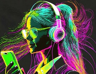 Neonowa sylwetka kobiety ze smartfonem i słuchawkami na uszach. Czarne tło, neonowy rysunek - obrazy, fototapety, plakaty