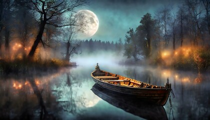 Łódka na rzece otoczonej mgła oświetlona światłem księżyca. Obraz, ilustracja, grafika, 