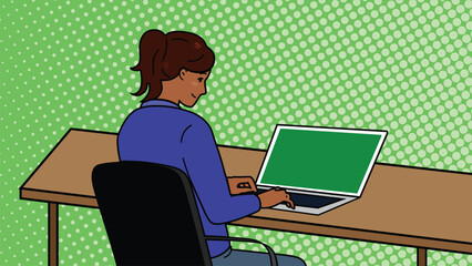 Fototapeta na wymiar Business woman with laptop at desktop. Concept of work, training, online broadcast. Vector illustration, flat design. vector illustration
