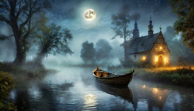  Łódka na rzece otoczonej mgła oświetlona światłem księżyca. Nostalgiczny krajobraz © Monika