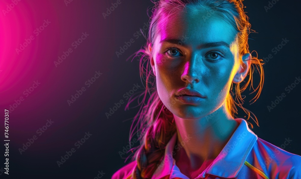 Poster A sporty woman wearing sport uniform is posing over black background, neon lighting