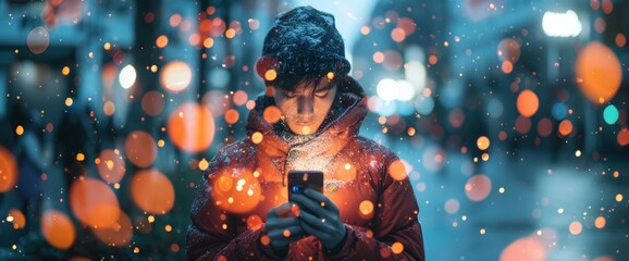 Close-up of a young person absorbed in smartphone with a vibrant bokeh overlay.