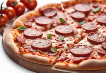 Savor the Flavor with this Irresistible Pizza featuring Savory Salami, Juicy Sausages, Creamy Mozzarella, and Rich Tomato Sauce - All Presented on a Clean White Background
