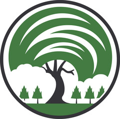 Circle emblem tree wifi signals representing nature technology. Green sustainable tech logo. Ecology meets innovation vector illustration