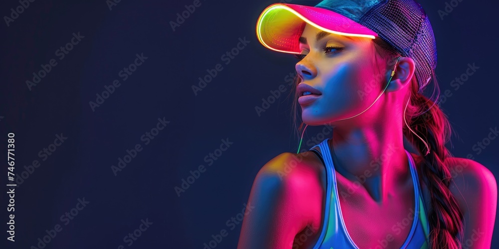 Sticker A sporty woman wearing sport uniform is posing over black background, neon lighting