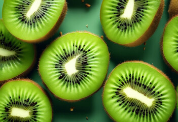 Delicious ripe kiwi fruits half pieces isolated on green background top view