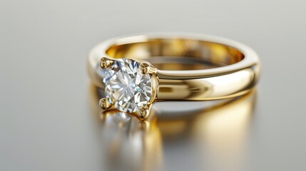 Gold jewelry. Product shoot, macro shot, gold wedding ring with diamond on shiny surface. Wedding. Love. Luxury. 