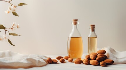 A glass bottle of almond oil and almonds on the table. Cosmetic oil for skin care. - obrazy, fototapety, plakaty