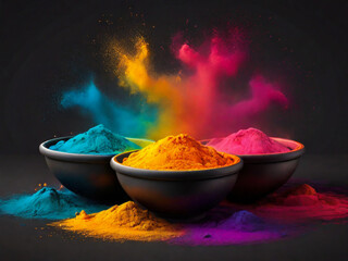 Colorful powder paints in bowls for Indian Holi festival. Black background. - obrazy, fototapety, plakaty