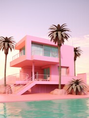 a minimalistic pink princess house with a balcony and palm trees in the background