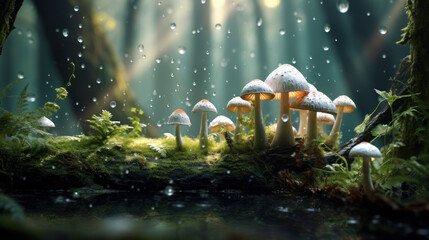 Dreamlike setting where Amanita muscari mushrooms - obrazy, fototapety, plakaty
