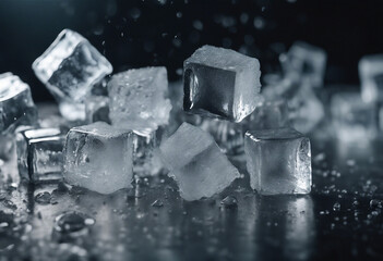 Falling ice cubes on dark background