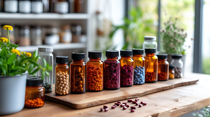 Various dietary supplements pills or medicine in unmarked glass bottles on a wood tray.