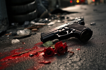 Crime scene with a gun and a rose lying on the ground. Gun violence consequences