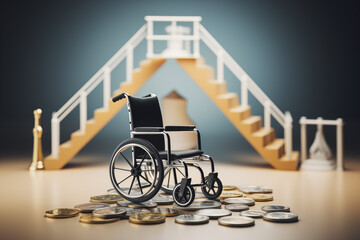 Wheelchair and coins on the floor with stairs and stairs background. Access to healthcare