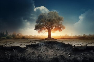 Conceptual image of drought land with cracked ground and lonely tree. Global warming, climate change - obrazy, fototapety, plakaty