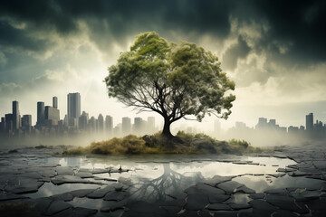 Conceptual image of green tree on cracked ground with city background. Climate change impact
