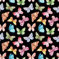 Butterflies watercolor seamless pattern, digital paper. Moths, insects. Multi-colored butterflies. Spring, summer print. Black background. For printing on textiles, fabrics, packaging paper, dishes