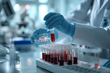 Hands of a doctor collecting blood sample tubes from rack with analyzer in lab. Doctor holding blood test tube in research laboratory red blood cells