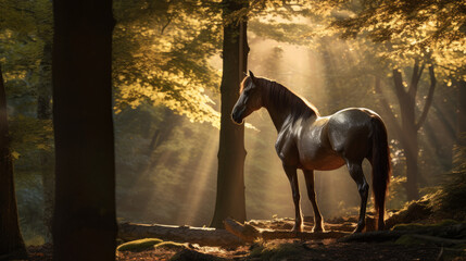 Horse with a shimmering coat in a woodland