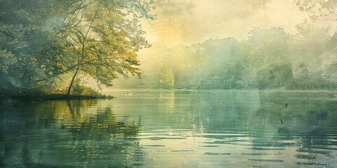 Fototapeta na wymiar Wilderness Watercolors - Artistic Water Setting - Painted Essence - Soft Sunlit Water - Watercolor 