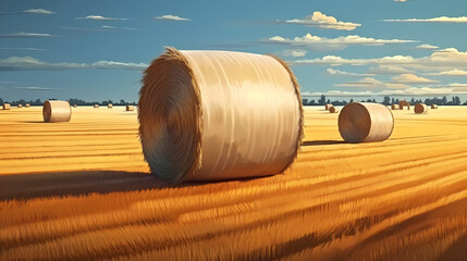 Obraz premium Golden hay bales in rural field with blue sky