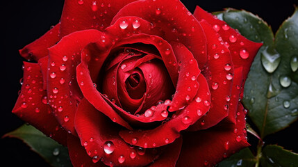 Raindrops on the velvety petals of a red rose