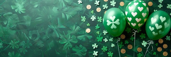 Obraz premium Stpatrick s day banner with irish balloons, clover, gold coins, and confetti on a green background.