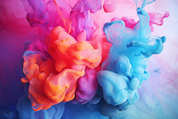 Dance of colorful ink clouds swirling together in water, creating a dynamic and abstract explosion of colors.