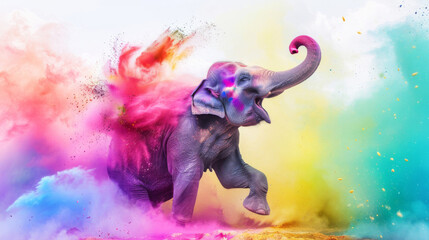 Holi festival of Colors, music, love, spring in India. Elephant, with trunk raised up, powdered of motley rainbow powder. Hindu happiness holiday, splash of vibrant paints. Bengali new year. Hinduism