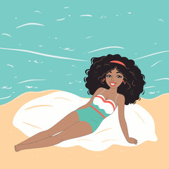 African American woman lounging beach bikini. Cheerful young female enjoys sandy shore. Beach vacation, summer relax vector illustration