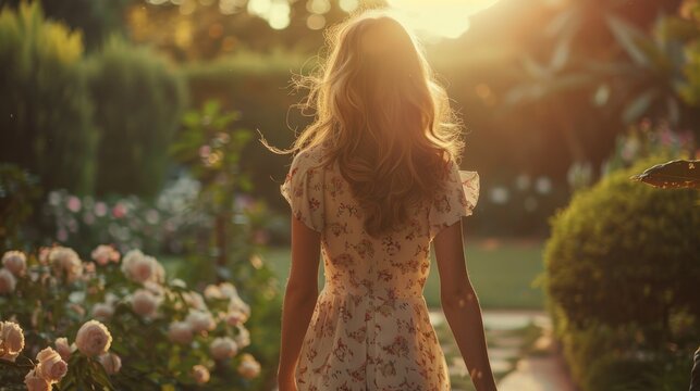 A stylish young woman in a flowing floral dress walks gracefully through a sunlit garden, her hair gently tousled by the breeze