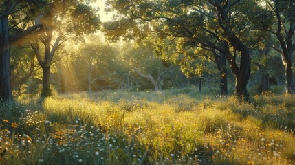 A peaceful forest glade with dappled sunlight, a metaphor for the nurturing strength of a mother. - obrazy, fototapety, plakaty