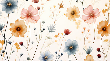 Delicate abstract watercolor flowers, bright cute color pattern