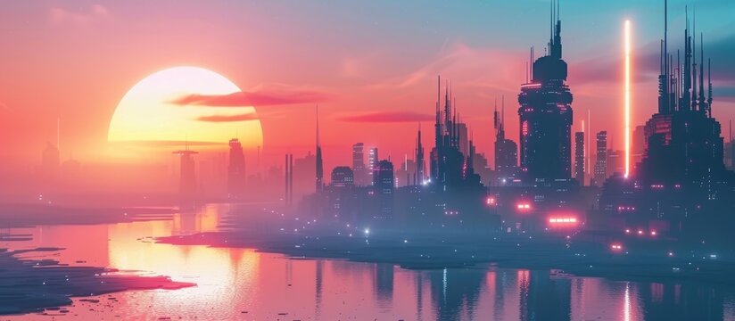 Futuristic cyberpunk neon urban city against blue sunset sky wallpaper landscape. AI generated image